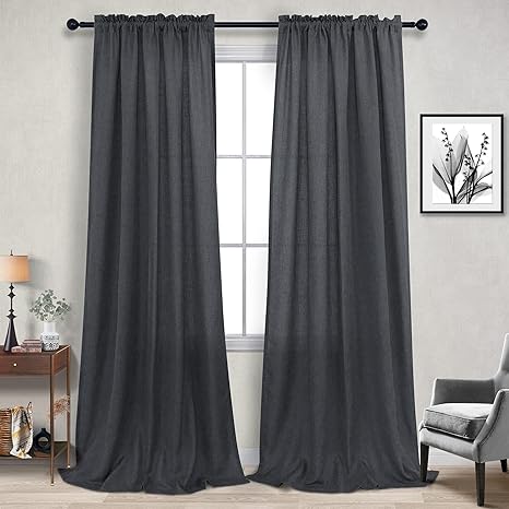 Dark Grey Linen Curtains 90 Inch Length for Living Room Bedroom Set 2 Panels Rod Pocket Industrial Light Reducing Charcoal Gray Semi Sheer Curtain 90 Inches Long for Mens Cave Office Basement Studio