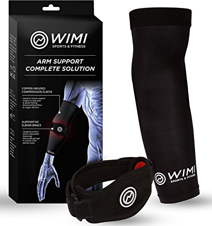 1 Tennis Elbow Support & 1 Copper Compression Elbow Sleeve - Pain Relief for Tennis & Golfer's Elbow - Best Forearm Support with Gel Pad & Elbow Support