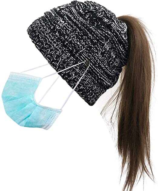 Womens Ponytail Beanie Hat with Button for Mask,Criss Cross Winter High Messy Bun Beanie Hat with Ponytail Hole