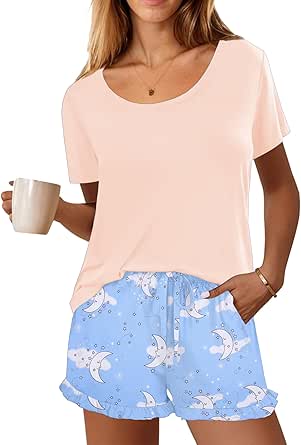 Ekouaer Womens Pajamas Short Sleeve Lounge Set Crew Neck Tops and Ruffle Shorts Pj Sets Soft Sleepwear with Pockets S-XXL