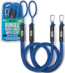 Better Boat Blue Marine Grade Bungee Dock Lines, 2 Pieces, Stainless Steel, 4ft-5.5ft, Elastic Cords & S-Hooks