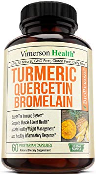 Turmeric Curcumin Bromelain Quercetin and Bioperine. Occasional Joint Pain Relief Supplement. Antioxidant Properties for Immune, Heart and Digestive Health. Supports Healthy Inflammatory Response.