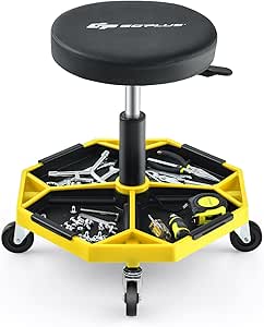 Goplus Mechanic Stool, Rolling Garage Chair with 16”-22” Adjustable Height, Removable Magnetic Tool Tray, 2” Thick Padded Cushion, Universal Wheels, 330LBS, Roller Creeper Seat (Yellow & Black)