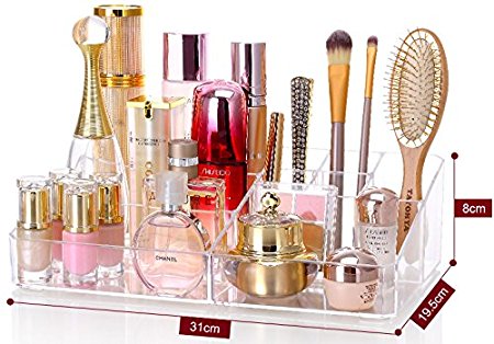 Cq acrylic 9 Grid Makeup Organizer and as a Lipstick and Makeup Brushes Holder,Clear,13.8"x8.3"x3.6",pack of 1
