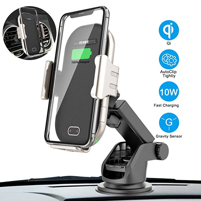 Wireless Car Charger Mount, TUOKE Auto Clamping 10W/7.5W Qi Fast Charging Car Mount, Windshield Dashboard Air Vent Phone Holder for iPhone Xs/Xs Max/XR/X/ 8/8 Plus, Samsung Galaxy S10 /S10 /S9