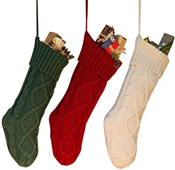 3PCS 14" Unique Burgundy and Ivory White and Green Knitted Christmas Stockings