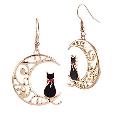 Lovely Enamel Cat & Moon Cartoon Animal Earrings Cute Pet Jewelry Gift Cresent Moon Earrings