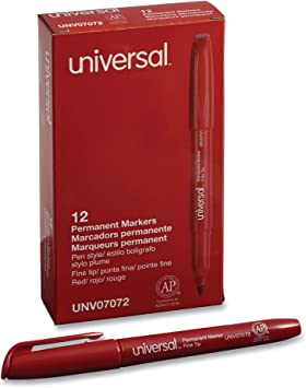 Universal Pen-Style Permanent Marker, Fine Bullet Tip, Red, Dozen