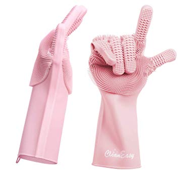 CleanEasy Magic Silicone Gloves with Scrubber, Dishwashing Gloves - Can be Used for Kitchen, Bathroom Cleaning, Car Washing, Pet Grooming - Easy Grip Design, Two Sided, 1 Pair, Pink