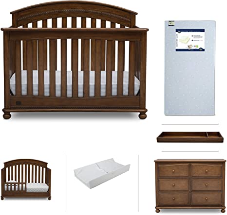 Baby Nursery Furniture Set | Simmons Kids 6 Piece - Aden Convertible Crib, Dresser, Crib Mattress, Toddler Rail, Changing Top, Changing Pad, Antique Brown