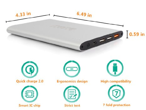 Quick Charge 2.0, PWOW® 20000mAh Power Bank 3 USB External Battery Pack for Galaxy S7/S6/Edge, Note 4/5, iPhone 6S/6/5, LG G4, Nexus 6, Tablet PC