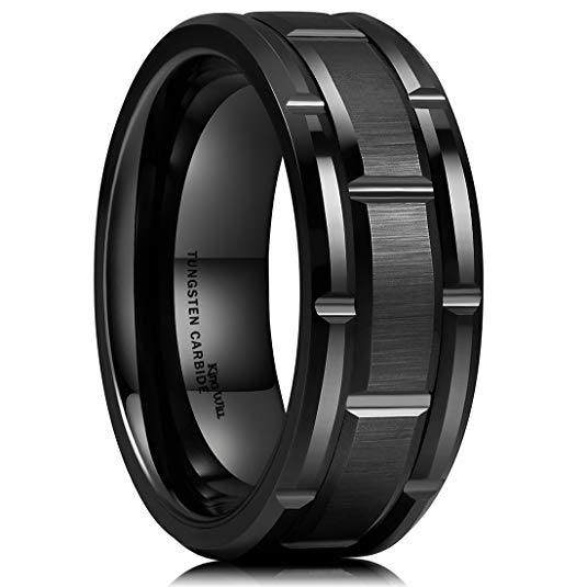 King Will Classic Mens 8mm Black Plated Tungsten Carbide Wedding Band Brick Pattern Brushed Finish