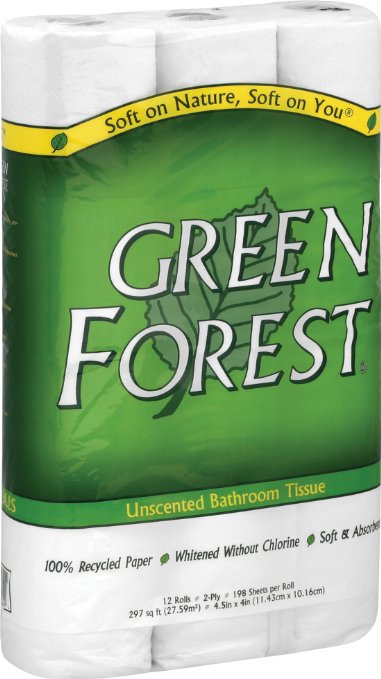Green Forest Unscented Bathroom Tissue, 100% Recycled Paper, Whitened Without Chlorine, 12 Roll Packs (Pack of 8)