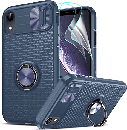 LeYi for iPhone XR Cases, Phone Case iPhone XR with [2 Pack] HD Screen Protectors, Armor Defender Non-Slip Textured Back with Camera Cover & Stand Case iPhone XR, Blue