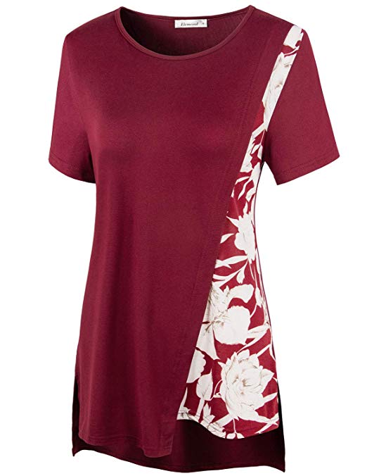 Elemevol Womens Short Sleeve Patchwork Floral Side Split Casual T Shirt Tops