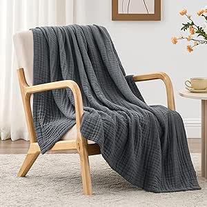 Love's cabin 6 Layer 100% Cotton Muslin Blanket, 50"x60" Throw Muslin Blanket for Couch Bed, Dark Grey Muslin Throw Blanket, Cotton Gauze Blanket for Adult, Lightweight and Breathable Blanket