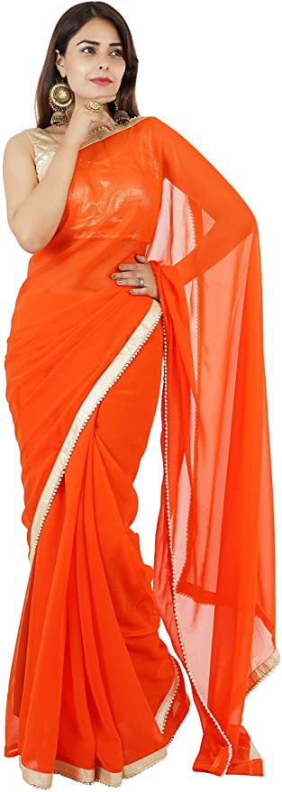 Indian Women Georgette Plain Saree Wedding Traditional Bridal Ethnic Wear Lace Saree with Blouse Piece