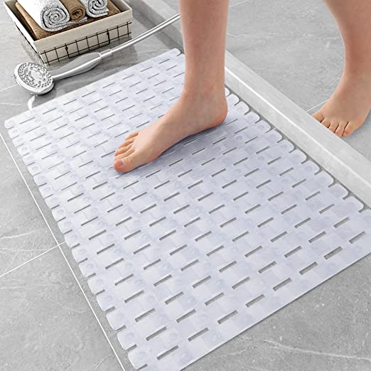 OLANLY Shower Mat Non Slip, 27.5x15.5 Bathtub Mats, Machine Washable Bath Mat for Tub with Drain Holes and Suction Cups to Keep Floor Clean, Soft on Feet, Bathroom Accessories, Clear