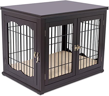 BIRDROCK HOME Decorative Dog Kennel with Pet Bed - Small Dog - Double Door - Wooden Wire Dog House - Indoor Pet Crate Side Table