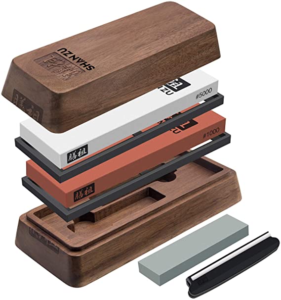 SHAN ZU Whetstone Knife with Storage Box Sharpening Stone 2 Pieces Knife Sharpener, Knife Stone Grit 1000/5000 with Non-Slip Silicone Base and Angle Guide Wetstone for The Kitchen Knives