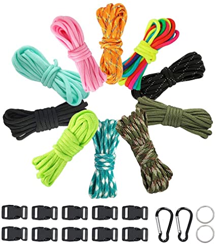 Allnice 24 Pcs Paracord Kit, 10 Colors 550 Paracord Rope with 10 Pardcord Buckles 2 Keyrings 2 Carabiners, Paracord Combo Crafting Kit for Making Bracklets, Dog Collars, Gun Slings, Lanyards, and More