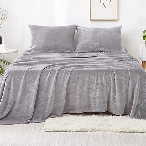 Jepson Soft Fur Velour Flannel Bed Sheets & Pillowcases Set Zipper Pillowcases 16 Inch Deep Pocket Winter Warm Fuzzy Bottom Sheet,Twin Grey