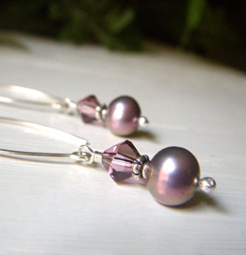 Lilac Pearl Earrings - Lavender Grey Genuine Pearl Sterling Silver Dangle - Bridal Wedding Jewelry - Round Freshwater Pearl
