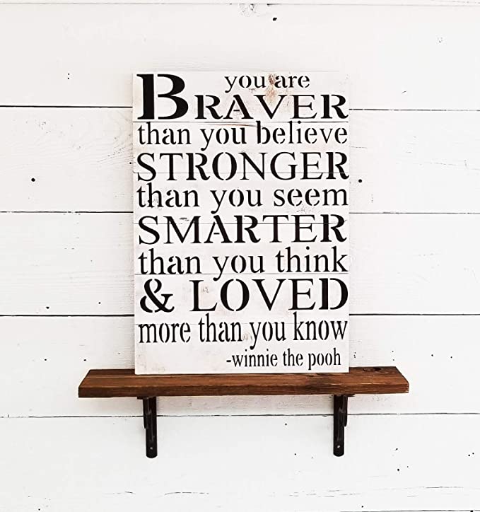 Beach Frames Rustic Wood Quotes Perfect for Boys or Girls Room Decor Winnie The Pooh Your are Braver Than You Believe Inspirational Wall Art Sign, Large, White Washed