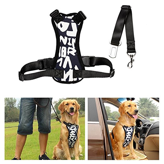 Dog Safety Vest Harness XL EZYKOO Oxford Adult Dog Harness Travel Safety Vest Harness for 55-88 Pounds Dog, Neck Girth 19-26 inch, Chest Girth 23-35 inch, with Car Seat Belt Lead Clip