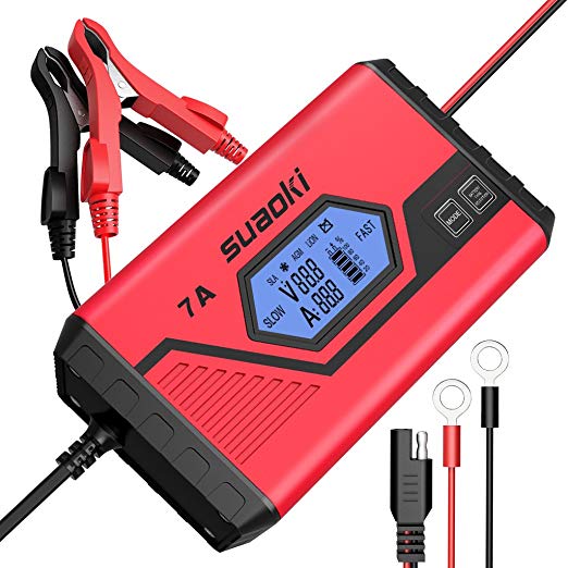 SUAOKI ICS7  12V Battery Charger/Maintainer (7A Fast / 3.5A Slow) Fully Automatic Trickle Charger for Car, Truck, Motorcycle, Boat, RV, Lawn Tractor