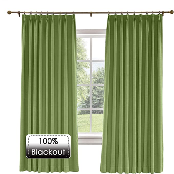 Prim Blackout Linen Curtains Room Darkening Thermal Insulated Blackout Pinch Pleat Curtain for Bedroom Window, Green, 52x96-inch, 1 Panel