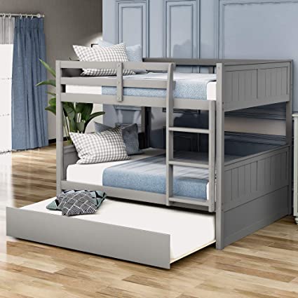 Full Over Full Bunk Bed for Kids Teens, Detachable Wood Full Bunk Bed Frame with Trundle (Grey)