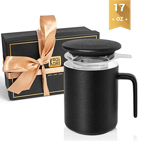Krokori Ceramic Cup Glaze Tea Cup Coffee Mugs Cup with Lid and Infuser for Home, Kithen, Office and Daily Use, Dishwasher Safe - 17oz (Black)