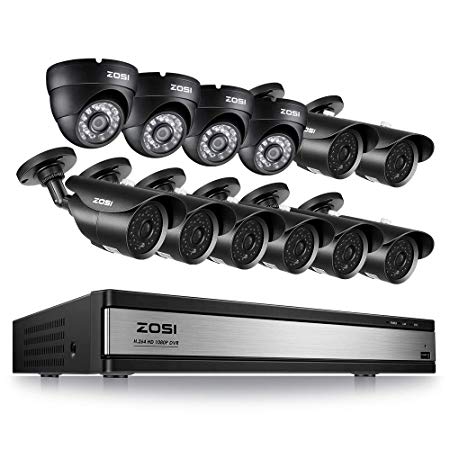 ZOSI 16CH 1080P Surveillance Cameras System 16 Channel Security Video DVR and (8) Bullet Cameras (4) Dome Cameras for Outdoor Indoor Security Support Motion Detection Remote Access(No HDD)