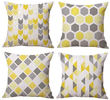 BLUETTEK Modern Simple Geometric Style Cotton & Linen Burlap Square Throw Pillow Covers, 18 x 18 Inches, Pack of 4 (Yellow Blocks)