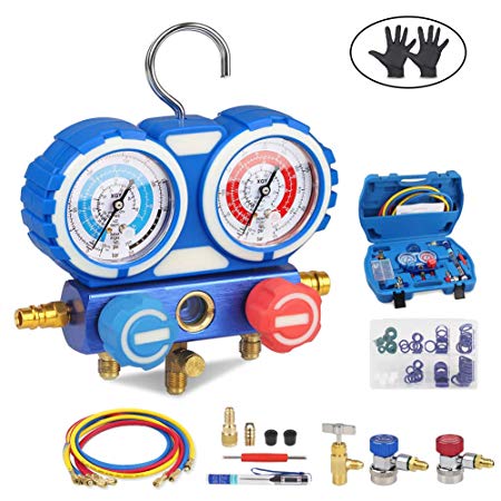 JDMON AC Diagnostic Manifold Gauge Set for Freon Charging, Fits R134A R404A R407C and R22 Refrigerant, with 5FT Hose, Acme Tank Adapter, Adjustable Couplers, Can Tap, Thermometer, Spanner and O Rings