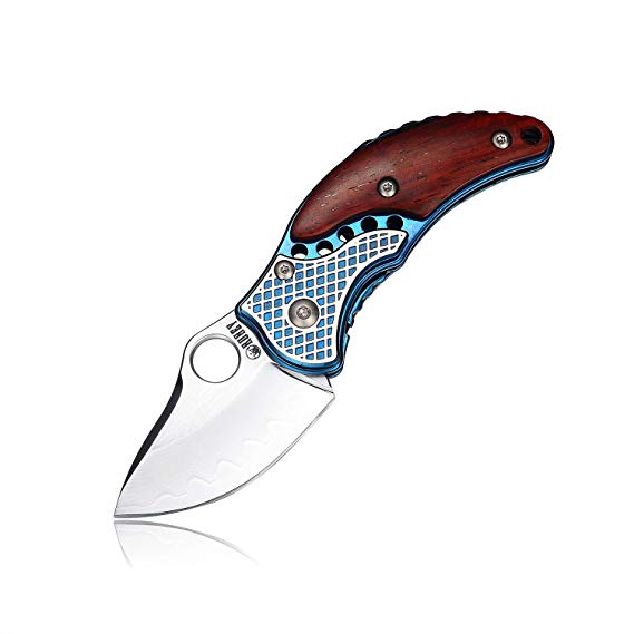 KUBEY Folding Pocket Knife with Wooden Handle Drop Point Shaving Sharp Blade Thumb Hole One Hand Opening for Outdoor Hunting Camping Tool