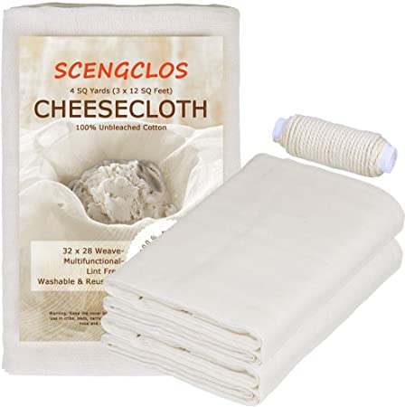 Cheesecloth, Grade 60, 36 Sq Feet, 100% Unbleached Cheesecloth Fabric for Cooking & Straining with Cooking Twine, Washable & Reusable Cotton Strainer, Filter (Grade 60-4 Sq Yards with 4 Yards Twine)