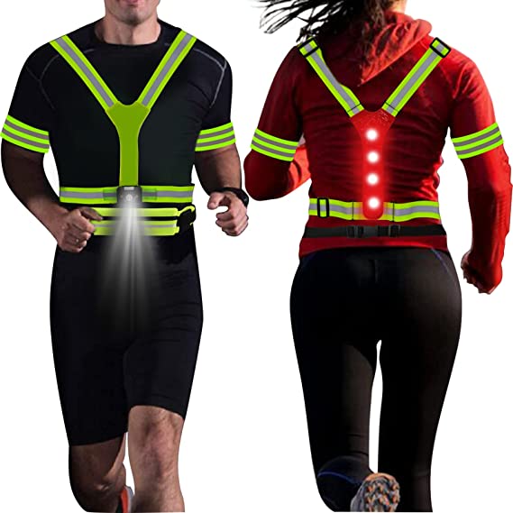 LED Reflective Running Gear Set, Adjustable Running Vest with LED Light, Reflective Armbands, Belt Bag with Earphone Hole for Night Running, Motorcycle, Walking, Cycling and Dog Walking Sports