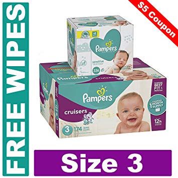 Pampers Cruisers Disposable Baby Diapers, Size 3,174 Count and Baby Wipes Sensitive  Pop-Top Packs, 336 Count PLUS LIMITED TIME FREE BONUS WIPES