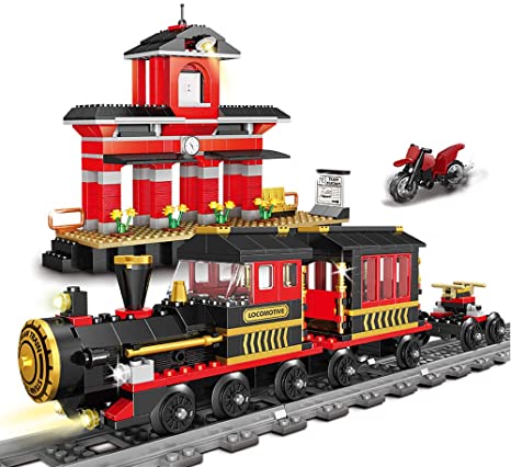 MONING.C Building Blocks Toys 583 Pieces Classic Train Set with Station Construction Brick Education Learning Toys for Kids 6  Birthday for Boys and Girls Train Combination