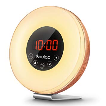 2018 Upgraded-COULAX Wood Wake up Light with Sunrise Sunset Simulation,7 Colored LED Lights, 6 Natural Sounds, FM Radios,10 Brightness Levels,Snooze Function Alarm Clock with Adapter