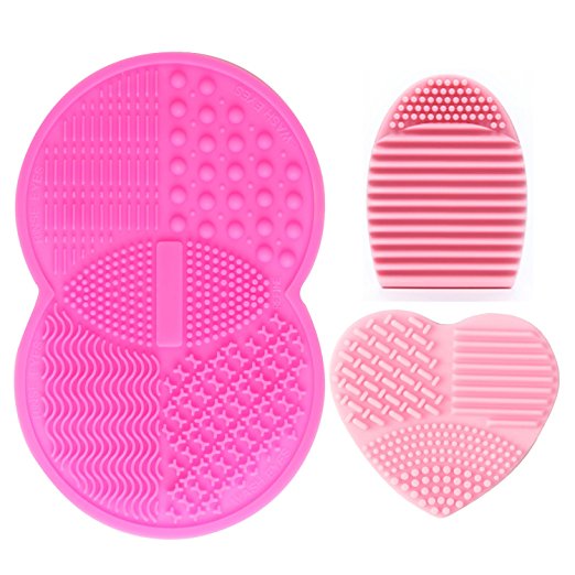 Makeup Brush Cleaning Mat, Esarora Makeup Brush Cleaner Set of 3 Mini Cosmetic Brush Cleaner Mat Portable Washing Tools (Pink)