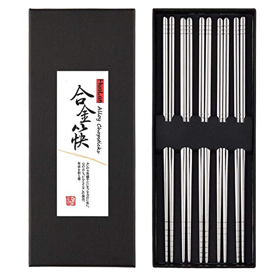 HuaLan Metal Chopsticks Stainless Steel Vacuum Hollow Lightweight Chopsticks 5 Pairs with Gift Case