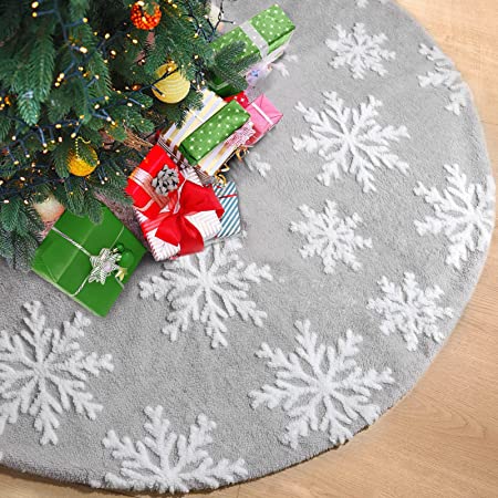 Fleece Silver Grey Christmas Tree Skirt, 3D White Snowflakes 48" Faux Fur Fuzzy Christmas Tree Decorations Indoor Home Xmas Tree Mat for Gifts Festival Holiday Decor