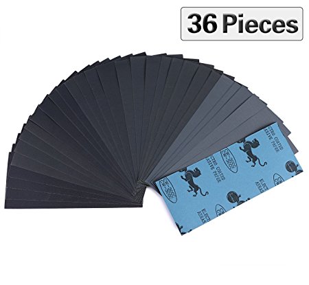 Sandpaper, Seacue 36pcs 400 to 3000 Grit Sandpaper Assortment, Dry and Wet, for Automotive Sanding, Wood Furniture Finishing, Wood Turning Finishing, 9 x 3.6"