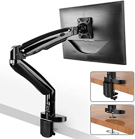 Single Monitor Mount Stand - Long Single Arm Gas Spring Monitor Desk Mount for 22 to 35 Inch Computer Screens Height Adjustable VESA Bracket with Clamp or Grommet Mounting Base - Holds 6.6 to 19.8 lbs