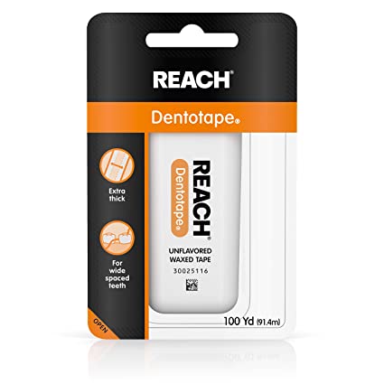 Reach Dentotape Waxed Dental Floss with Extra Wide Cleaning Surface for Large Spaces between Teeth, Unflavored, 100 Yards (Pack of 4)