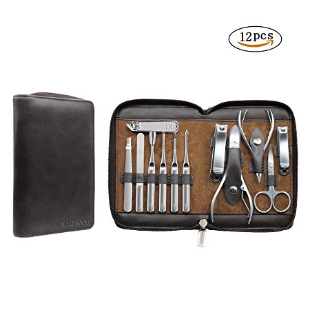 Manicure Set Pedicure Kit - Mifine 12 In 1 Stainless Steel Nail Clipper Tools Professional Grooming kit Manicure Pedicure Set with Leather Travel Case(Brown)