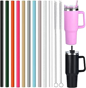 ALINK 10 Pack Color Replacement Straws for Stanley 40 oz 30 oz Tumbler, 12 in Long Reusable Colorful Silicone Straws for Stanley Cup Accessories, Half Gallon Jug, Plus 2 Cleaning Brush